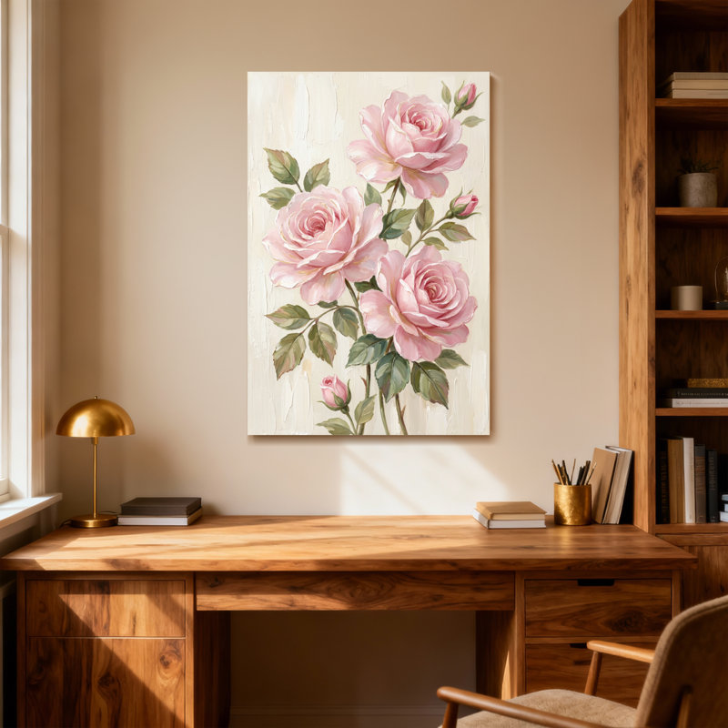 Plantes et fleurs roses avec feuilles et bourgeons verts, H 24 po x l 16 po