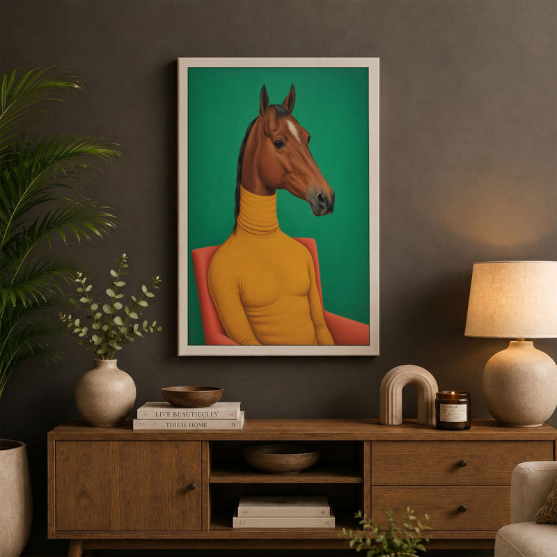 Horse in Yellow Surrealism - Wrapped Canvas, 36x24 - 91.4 x 61.0 cm, Ochre Border