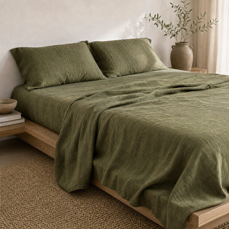Ensemble de draps 100% lin français 4 pièces, Ensemble de draps pour lit double avec 2 taies d'o, Olive
