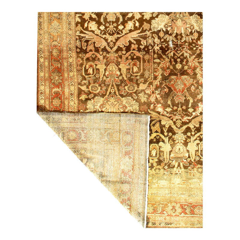 Tapis unique en laine noué à la main style années 1900 de 10 pi 8 po x 13 pi 9 po brun antique / beige / jaune