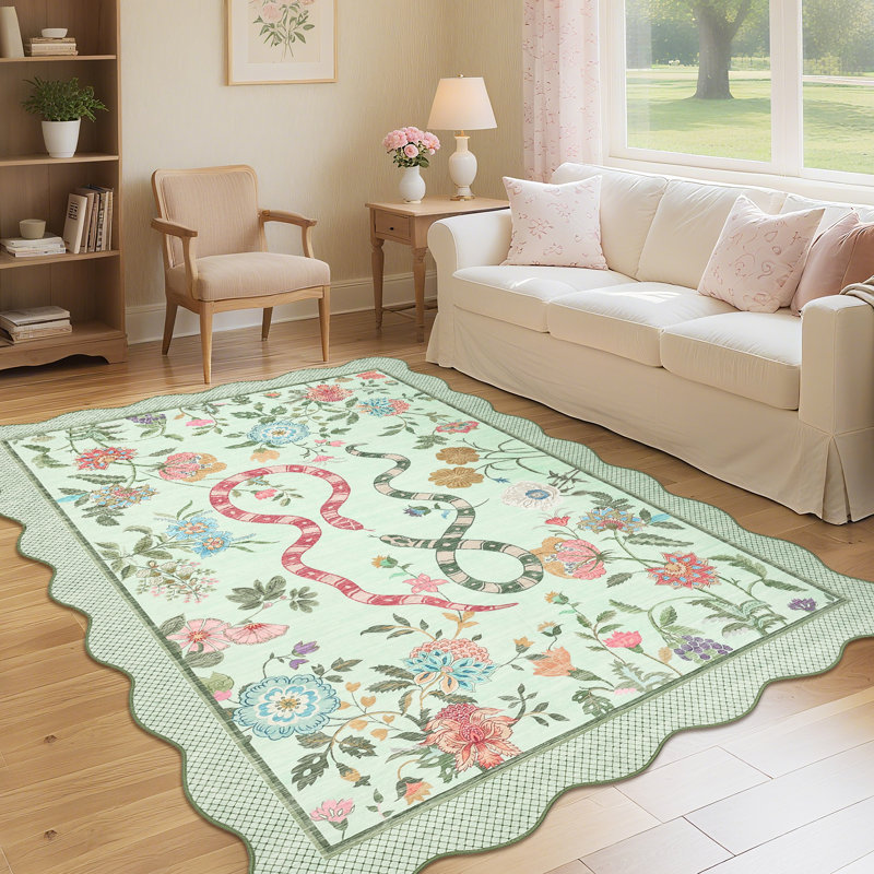 Farmhouse Floral Rug Washable Rug Non Slip Modern Scalloped Carpet, Soft Non Shedding Indoor Carpet, Low Pile Thin Foldable Printed Mat