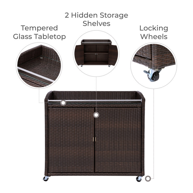 Outdoor Portable PE Rattan Serving Rolling Bar Cart with Storage Shelves, Glass Top, and Locking Wheels