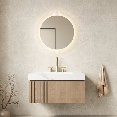 Meuble-lavabo de salle de bain 91 cm (36 po), rangement flottant en contreplaqué avec porte, comptoir en pierre frittée blanche, lavabo en céramique, glissières de tiroir à fermeture amortie, lavabo de 91 cm (36 po) et armoire, trous pré-percés pour robinetterie, porte