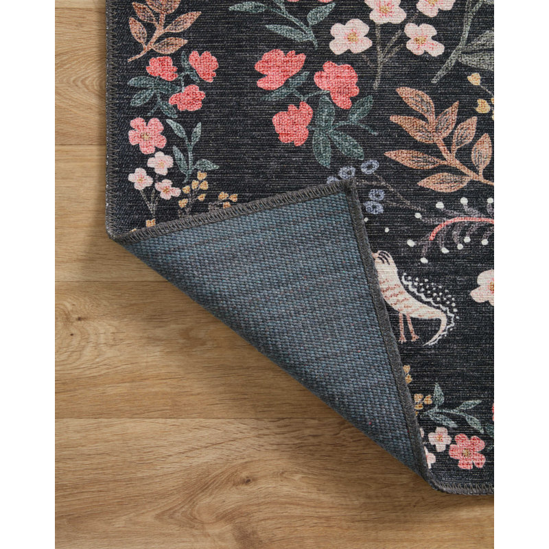 Botanical Elegance Fade-Resistant Black Wool Blend Area Rug