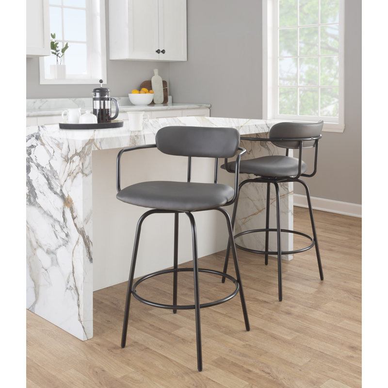 Erma 26" Fixed Height Faux Leather Counter Stools with Metal Base & Round Footrest (Set of 2), Gray Faux Leather/Black Frame