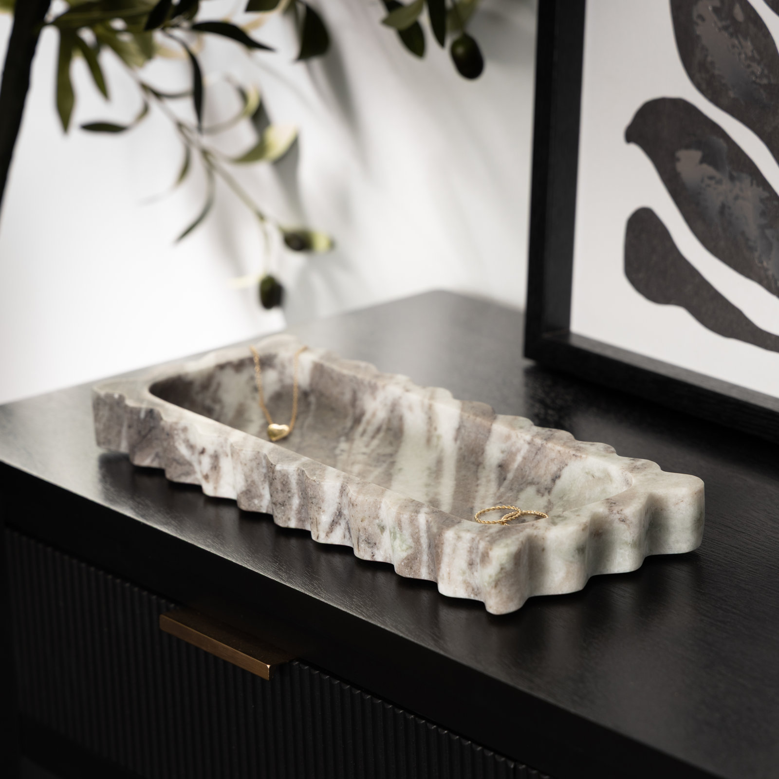 Cole and Marble Living Room Decor Tray with Swirl Pattern and Wavy Edges, Gray, 12"Wx5"Dx1.25"H, Rectangle