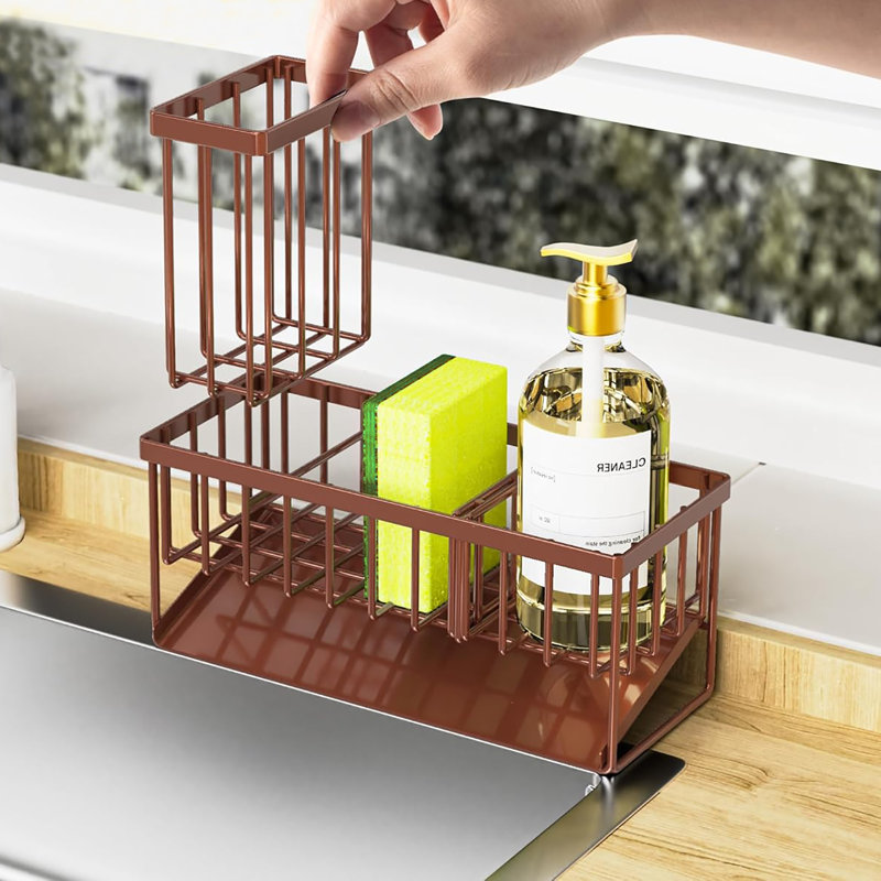 304 Rustproof Stainless Steel Kitchen Sink Caddy, High Brush Holder, Sponge Holder & Soap Dispenser Organizer, Brown