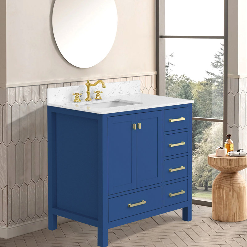 Meuble-lavabo de 36 po en bois massif bleu avec lavabo intégré et tiroirs à fermeture en douceur