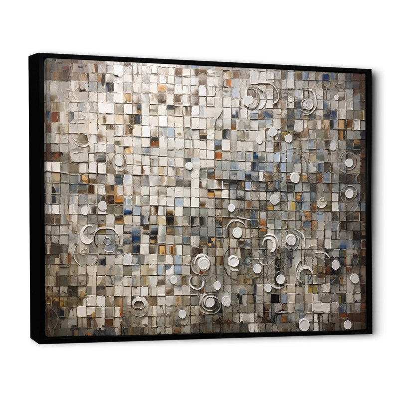 Art mural mosaïque bohémien brun et blanc pour le salon, H 24 po x l 32 po x P 1 po, Cadre flottant noir
