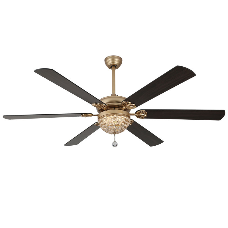 Landria 65" Tiffany Dimmable Crystal Ceiling Fan with LED Light and Remote, Gold with Black Blades