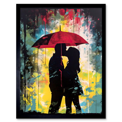 Lenglen Couple Silhouette Kissing Under A Red Umbrella - Single Picture Frame Print