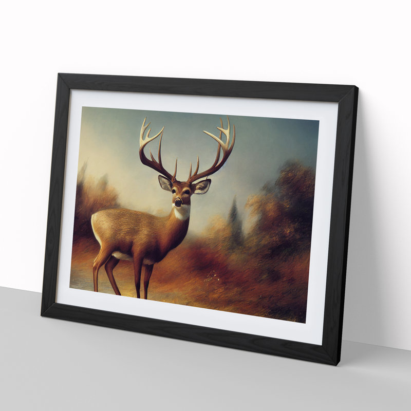 Stag Deer - Single Picture Frame Print, Black, 34cm H x 46cm W x 2cm D
