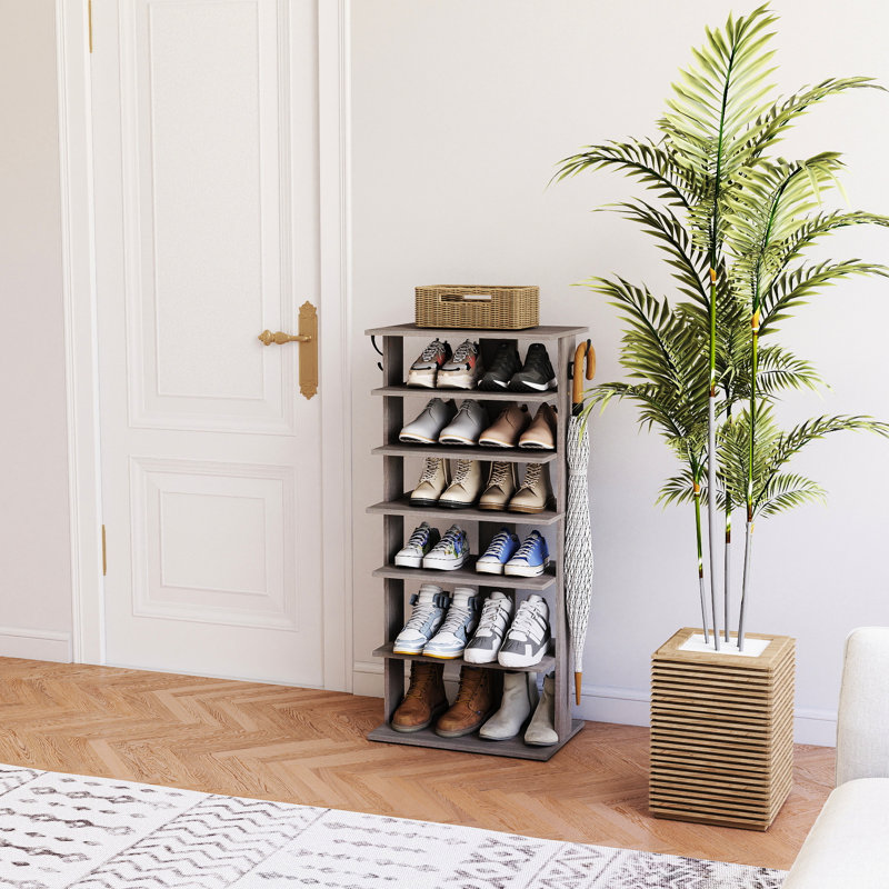 Range-chaussures à 7 niveaux, gris rustique, 12 à 14 paires de chaussures, crochets pour clés suspendues, organisateur à installation rapide, capacité, parasols, économie d'espace, assemblage