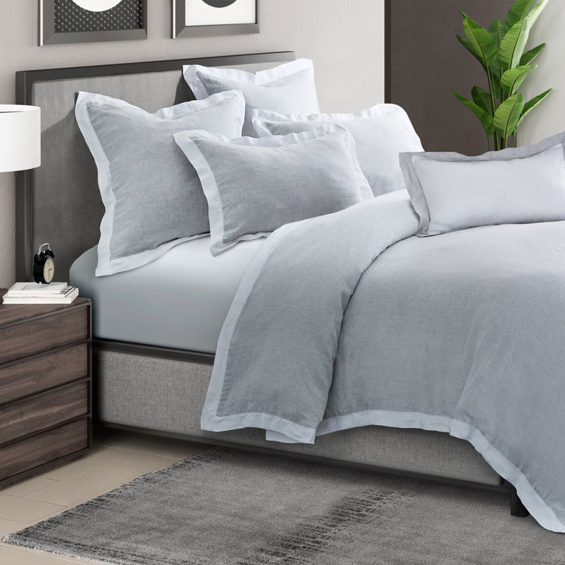 Atina Linen Duvet Set - Gray, King Duvet Cover + 5 Shams + 1 Pillow