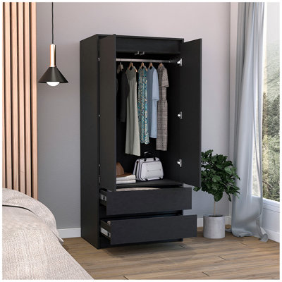 Armoire 2 tiroirs Austin, porte double, tringle