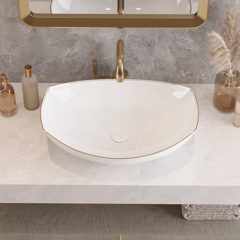 Deervalley 22" X 16" Boat-Shaped Ceramic White Vessel Sink Bathroom Sink With Striped Edges, White/Gold Striped Edges