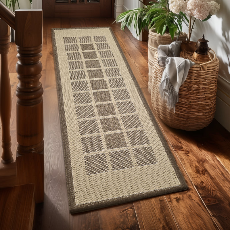 Gere Rug Non Slip Flat Weave Border Check Geometric Kitchen Living Room Carpet, Runner 60 x 180 cm, Brown