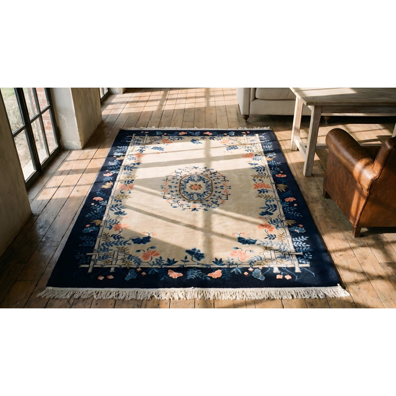 Small Ivory Cream Color Antique Artistic Open Field Floral Medallion Chinese Peking Rug