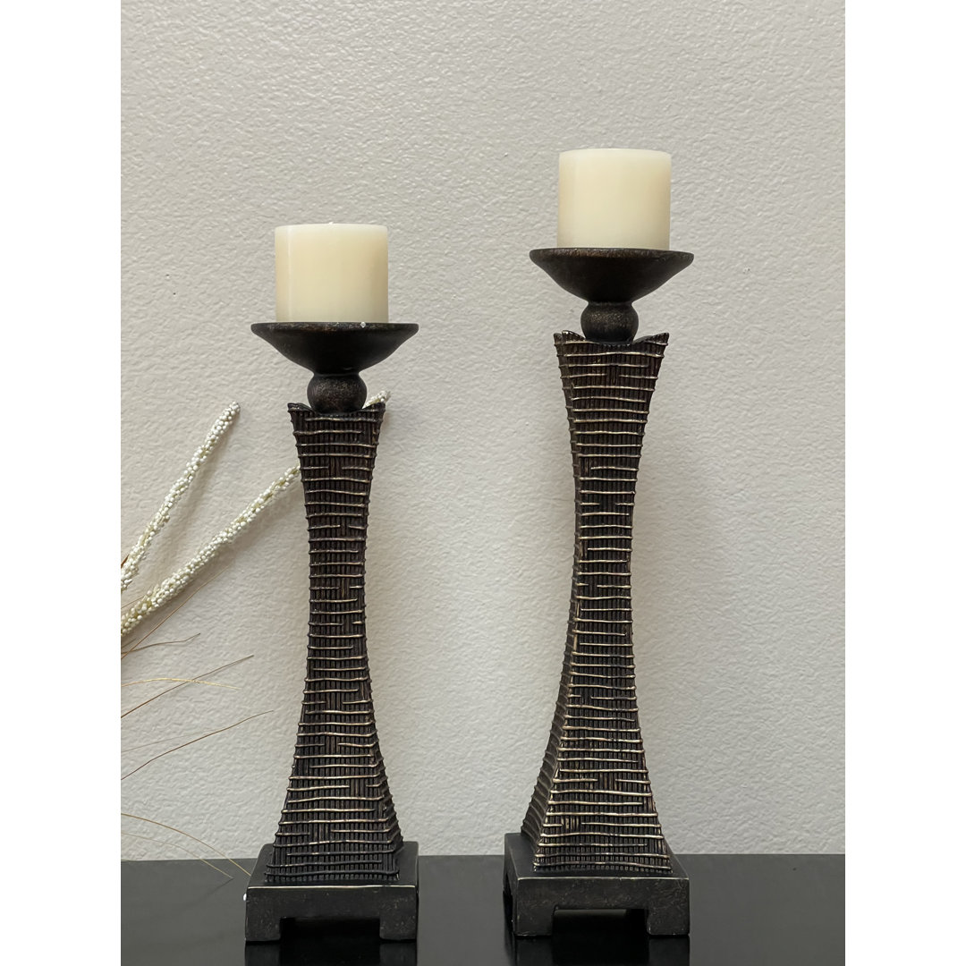 Mike 2 Piece Antique Bronze Polyresin Candlestick Set (Set of 2) World Menagerie