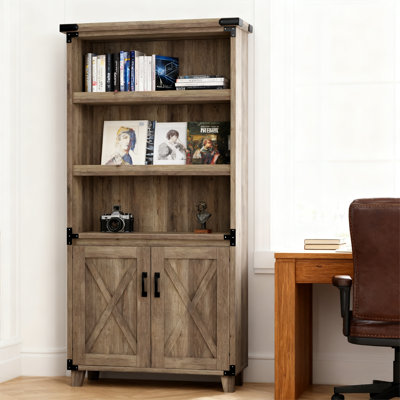 Bibliothèque rustique en chêne à 5 tablettes avec armoire à 2 portes