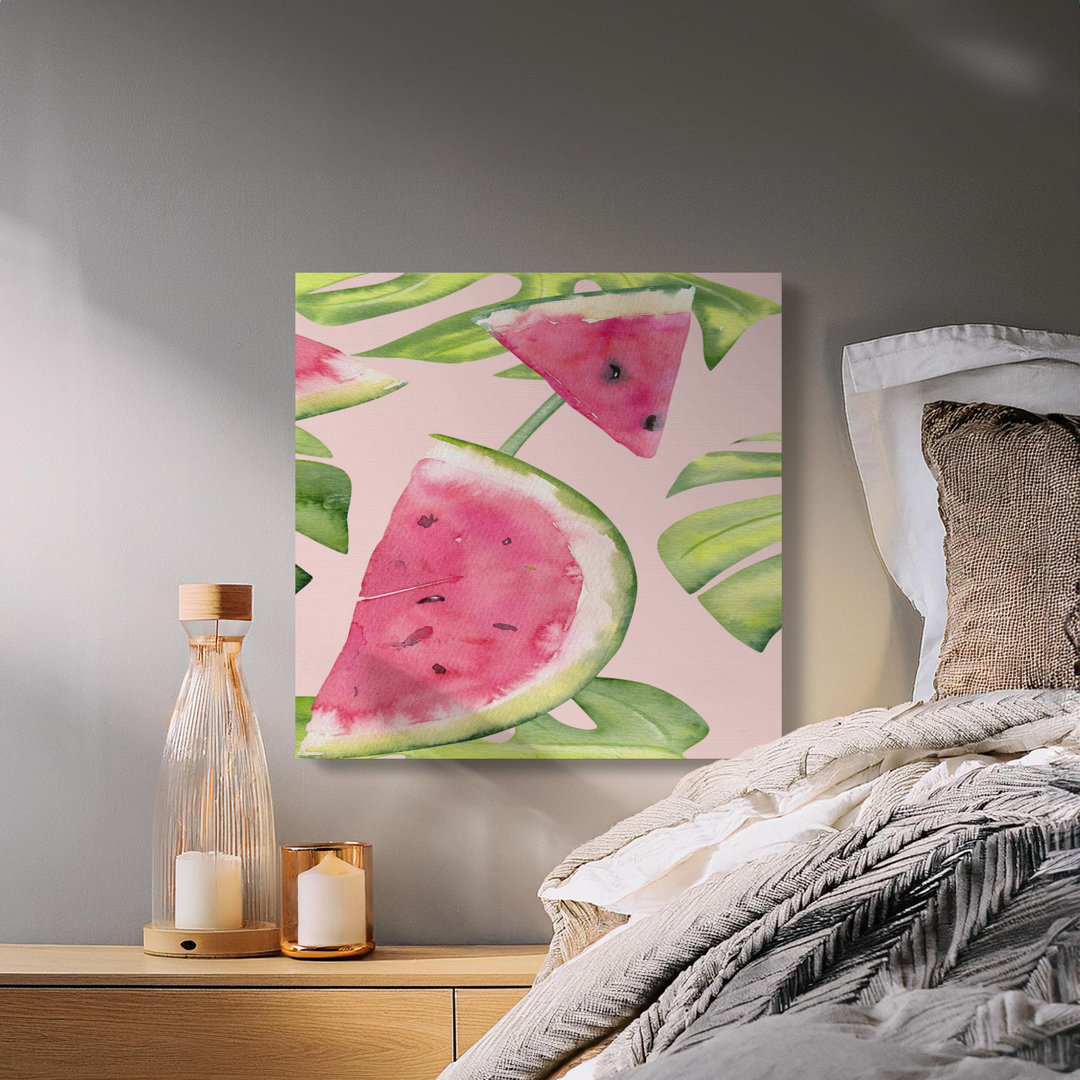 Watercolor Watermelon Tropical Canvas Wall Art, Pink Green Summer Fruit Boho Home Decor Kitchen Print Gift