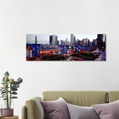 Amusement Park Lit Up at Dusk, Navy Pier, Chicago, Illinois, USA 1 Piece Wrapped Canvas Panoramic Wall Art