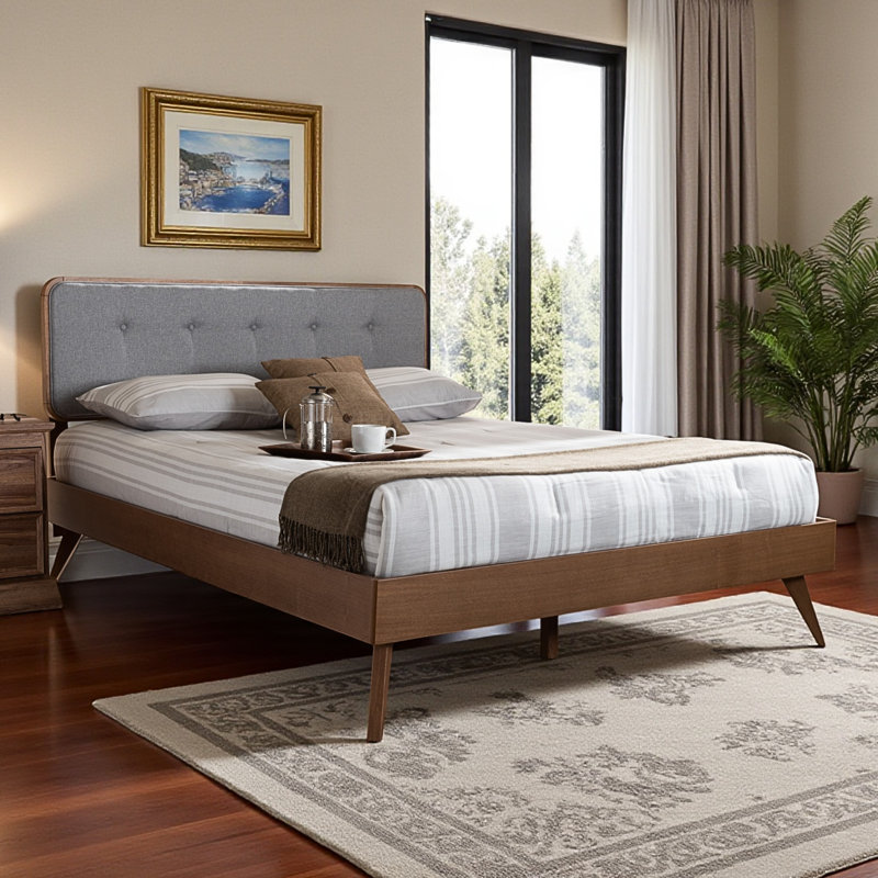 Oaken King Size Platform Bed with Upholstery in Light Grey Fabric and Brown Finish, 58.03'' H X 79.20'' W X 83.96'' L, King