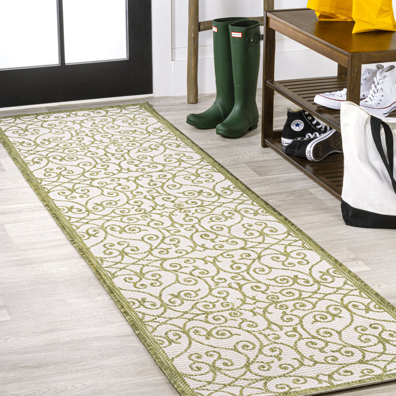 Deilani Vintage Filigree Textured Weave Green/Cream Indoor/Outdoor Rug, Runner 2'2" x 8'
