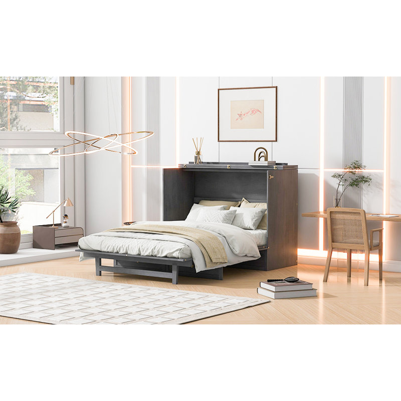 Lit gris brossé avec beaucoup de rangement et de prises de courant