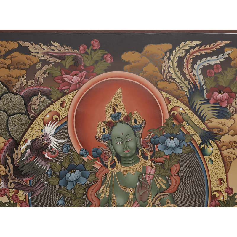 Déesse verte Tara Brocadeless Thangka | Art mural bouddhiste tibétain peint à la main | Décoration en or 24 carats de protection et de bienveillance (37 po x 26 po)