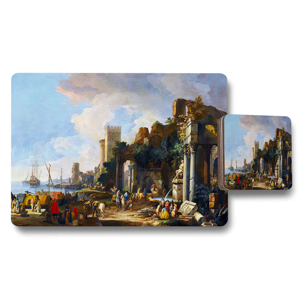 Seaside Ruins Harbor Artwork Placemat And Coaster Set