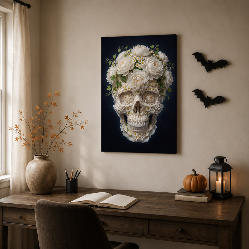 Art mural sur toile, crâne floral blanc avec feuilles vertes sur bleu foncé Halloween, H 30 po x l 20 po