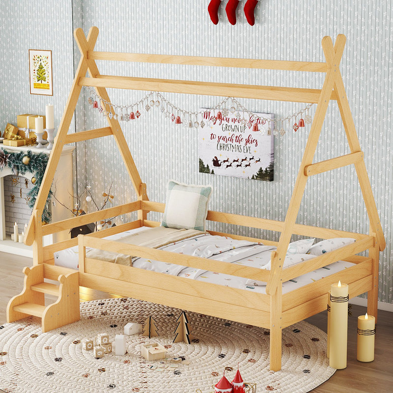 Twin House Platform Bed With Stairs, Solid Wood Twin Bed Frame, Low Profile And Childlike Fun Design.Natural, Natural, Twin