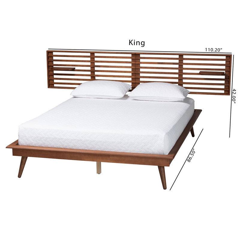 Baxton Studio Elvina Mid-Century Transitional Ash Walnut Wood King Size Platform Bed With Built-In Shelves, Queen