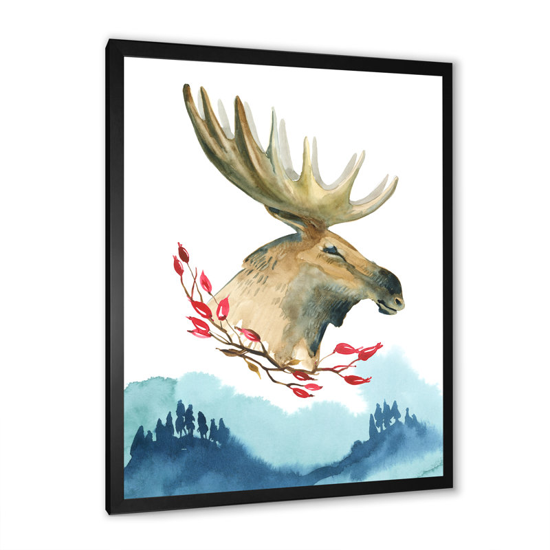 Grand Moose In Winter Mountain - reproduction d'art sur toile traditionnelle, H 20 po x l 12 po x P 1 po, Cadre photo noir