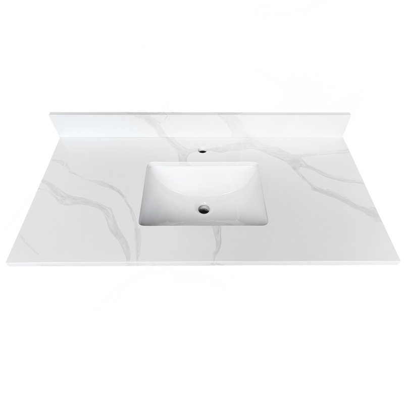 Comptoir de salle de bain en quartz 43 po, évier central encastré à simple cuve de 3/4 po d'épaisseur, dosseret de 4 po de hauteur, 1 trou de robinet pré-percé, résistant aux taches et à la chaleur, quartz blanc de Carrare avec veines