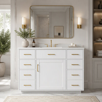 Ensemble de meuble-lavabo autoportant en MDF 48 po avec 7 tiroirs et 1 porte, ensemble de meuble-lavabo blanc avec lavabo en composite, charnières à fermeture en douceur et poignées en métal doré