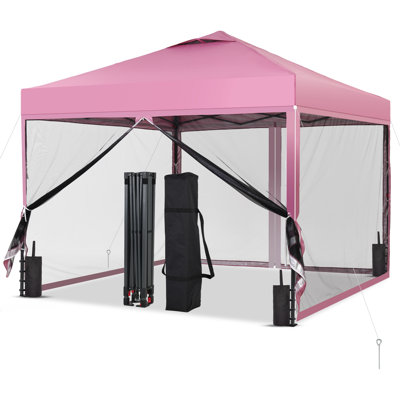10x10 Pop Up Canopy Tent  with 4 Netting Sidewalls, Easy Up Canopy with 3 Adjustable Heightt, Outdoor Gazebo Canopy Tent with Sandbags and Carrying Bag for Camping, Parties,Outdoor Events-Pink