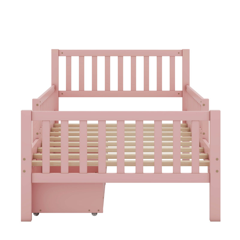 Twin Size Wood Platform Bed with Guardrails On Both Sides And Two Drawers, Pink