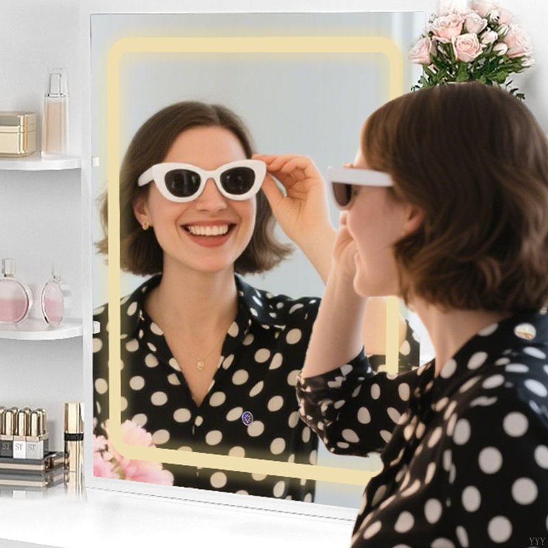 Bureau de coiffeuse avec miroir et lumières, coiffeuse de maquillage avec 2 tiroirs et 6 tablettes de rangement, 3 modes d'éclairage à luminosité réglable, coiffeuse avec prise de courant et tabouret rembourré pour la chambre à coucher