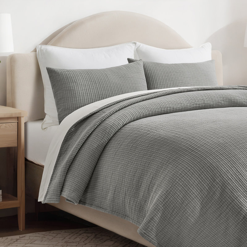 Solid Cotton Gauze Pick-stitch Matelesse Coverlet Bedspread set, Queen Quilt + 2 Queen Shams, Fog Gray