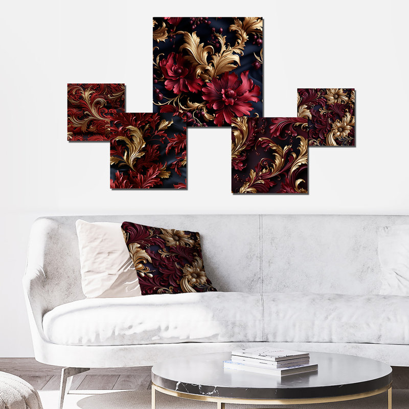 Opulent Red and Gold Baroque Damask Metal Wall Art Set