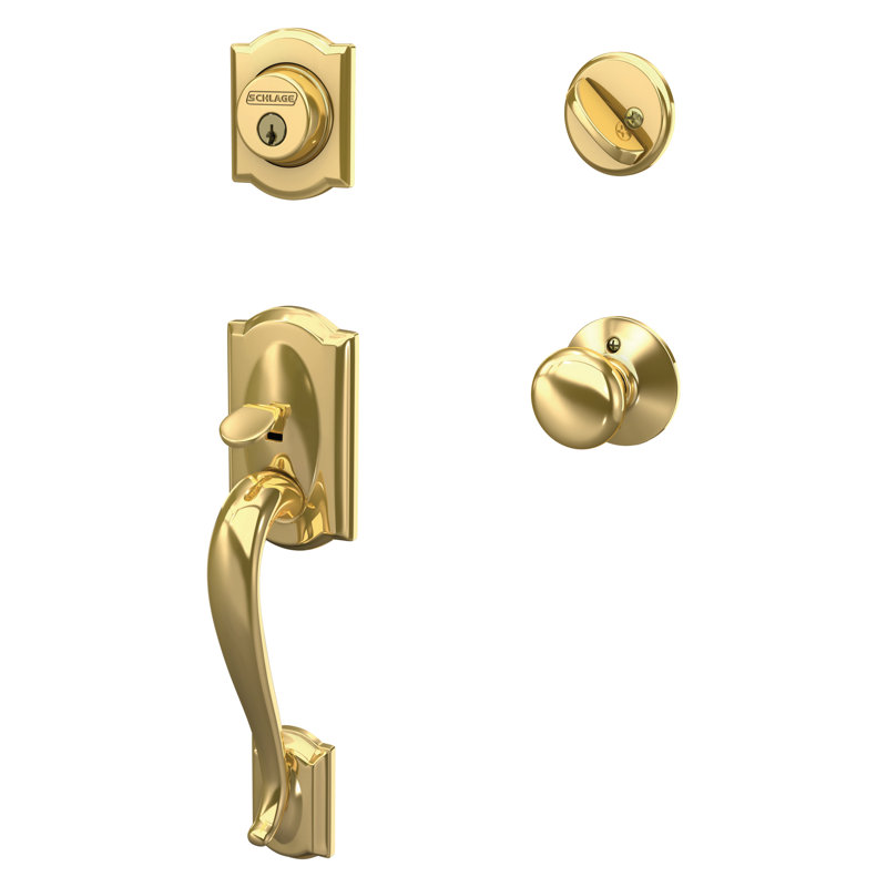 Schlage Camelot Handleset with Single Cylinder Deadbolt and Plymouth Door Knob and Rosette, Yes, Bright Brass, Keyed Alike