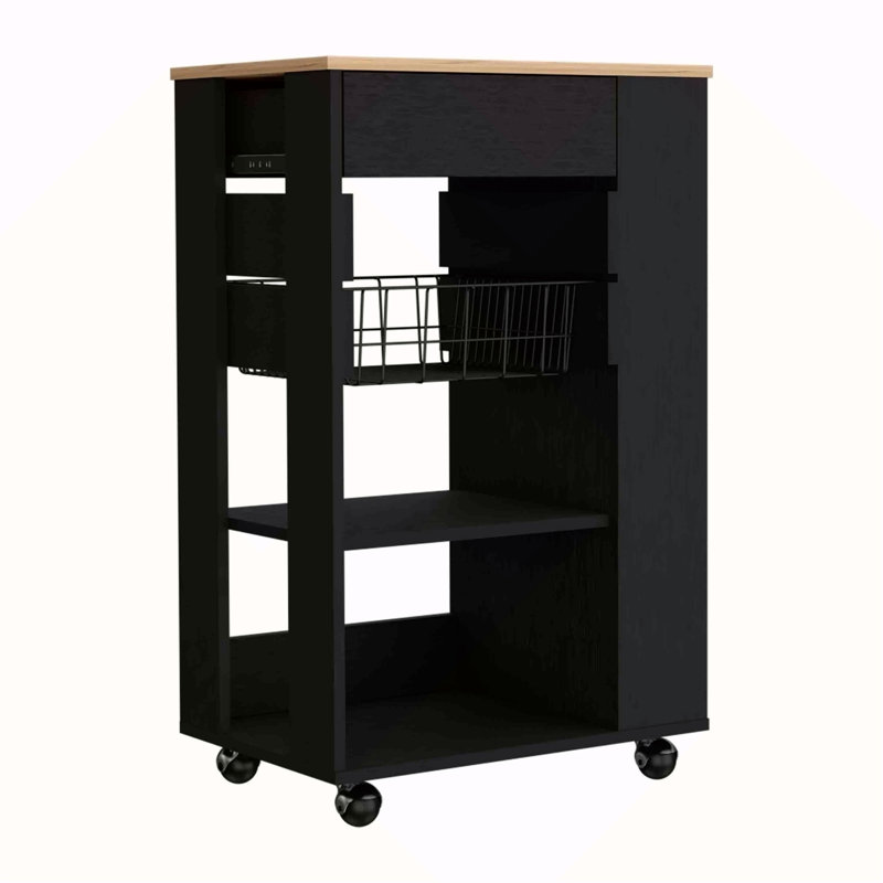 Kitchen Cart,  One Drawer, Two Open Shelves, Four Casters, Black