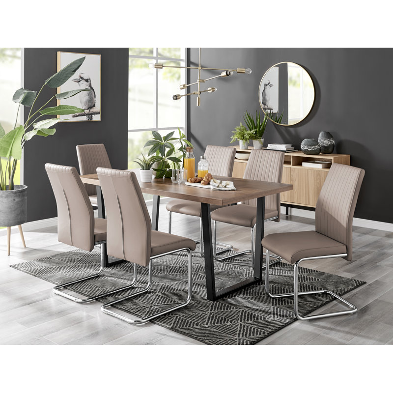 Kylooe Modern Brown Wood And Black Metal Dining Table Set With 6 Upholstered Faux Leather Chairs, Cappuccino Grey