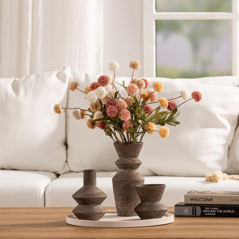 Set Of 3 Brown Ceramic Vases, Farmhouse Modern Flower Vases For Living Room Table Decor, Rustic Centerpiece For Shelf, Kitchen & Office
