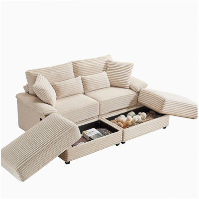 Ensemble de chaise longue double avec repose-pieds réversible en velours côtelé doux, repose-pieds avec rangement, port USB, siège / table multifonctionnel - A