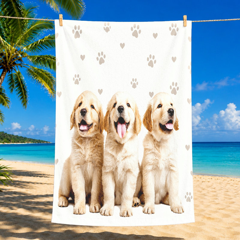 1Pièce de serviette de plage mignonne Golden Retriever Puppies, avec d'adorables chiots avec des empreintes de pattes et un motif de cœurs. Grande microfibre à séchage rapide, parfaite pour la baignade, les voyages, les journées unisexes.