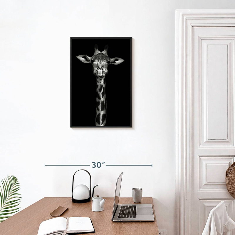 Tête de girafe monochrome, Cadre flottant noir, 17 po x 25 po