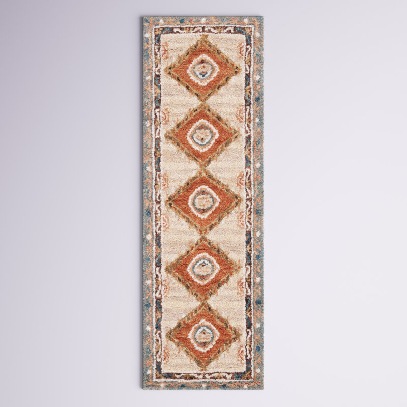 Arkadijus Southwestern Handmade Tufted Area Rug in Brown / Blue, Runner 2'3" x 7'
